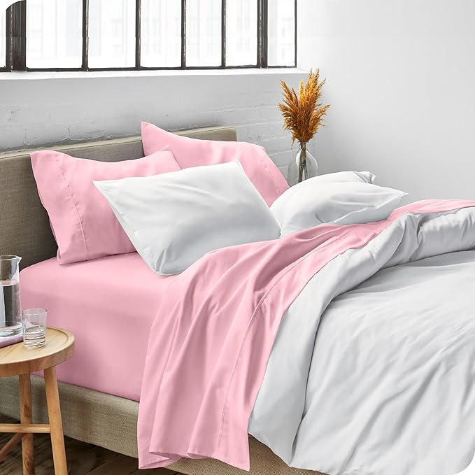 Bare Home Split Head Flex King Sheet Set - 1800 Ultra-Soft Microfiber Bed Sheets - Double Brushed - Deep Pockets - Easy Fit - 4 Piece Set - FlexTop King Bedding (Split Head Flex King, Light Pink)