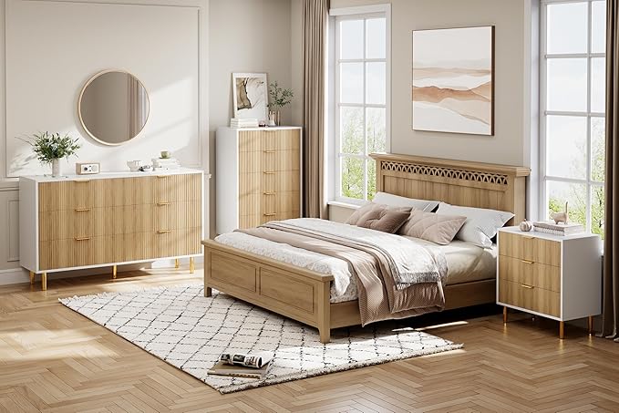 Natural Dresser, Modern 5 Drawer Dresser for Bedroom with Gold Handle and Large Drawer, Wood Double Chest of Drawers and Storage Organizer for Living Room, Hallway, Entryway