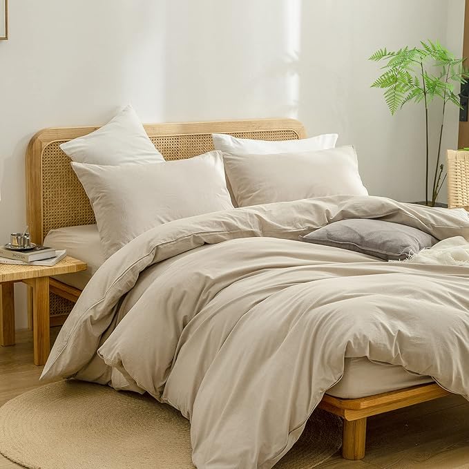 BESTOUCH Duvet Cover Set 100% Washed Cotton Linen Feel Super Soft Comfortable Chic Lightweight 3 PCs Home Bedding Set Solid Almond Milk Grey Cal King