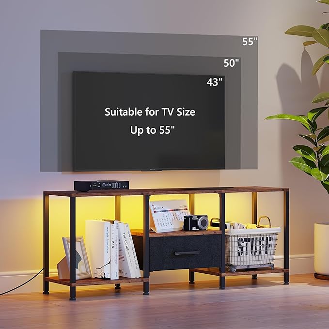 TV Stand with LED Lights, Entertainment Center with Open Shelves and Fabric Drawer, Media Console for 55 Inch TV, Television Stands, Living Room Furniture, Bedroom, Rustic Brown
