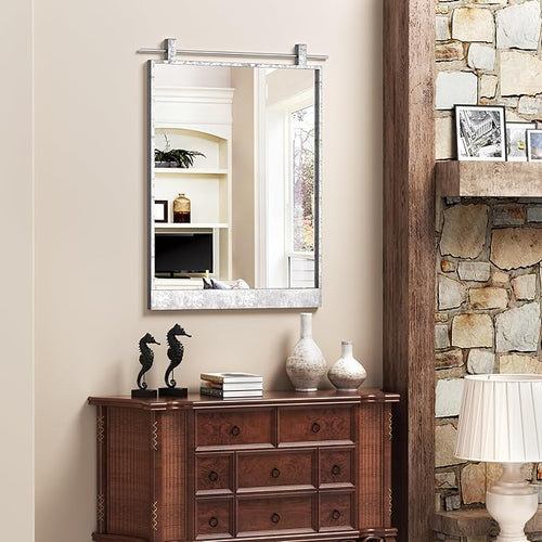 16x24 Inch Rectangle Bathroom Vanity Mirror for Wall Mounted Over Sink Farmhouse Rustic Frame Barn Door Mirrors Silver Foyer Entryway Decor