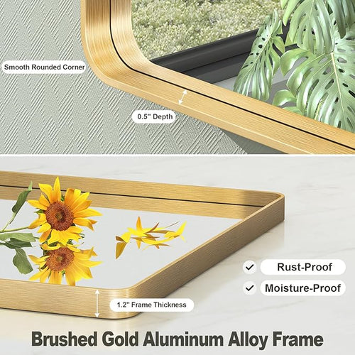 20x30 Inch Gold Framed Bathroom Mirror, Rectangle Brushed Gold Metal Vanity Mirror, Gold Mirror for Wall, Rounded Corner, Tempered Glass, Anti-Rust, Shatterproof (Horizontal/Vertical)