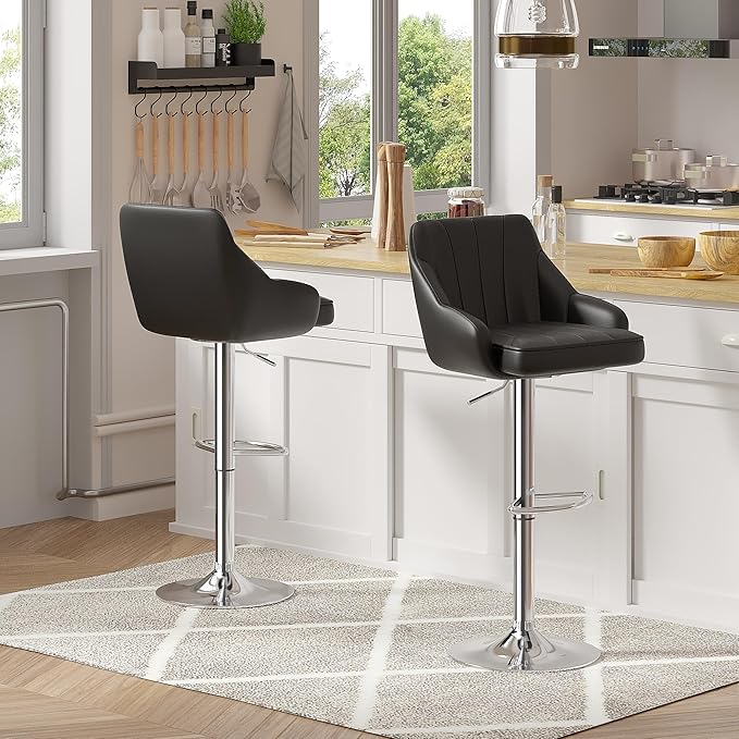 VECELO Bar Stools Set of 4, Adjustable Barstools, Counter Height Stools with Back and Arm, Kitchen Island Stools, Swivel PU Chairs for Pub, Dining Room, Modern Style, PU Black