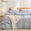 BESTOUCH Duvet Cover Set 100% Washed Cotton Linen Feel Super Soft Comfortable Chic Lightweight 3 PCs Home Bedding Set Solid Cornflower Blue Oversized King