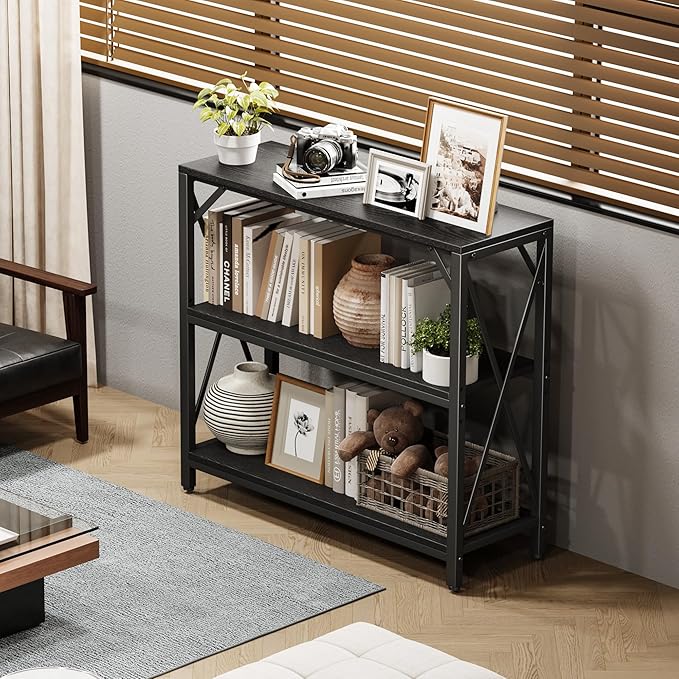 Homeiju Console Table 31.5" Width, 3-Tier Entryway Table with Storage, Industrial Sofa Table with Open Shelves, Foyer Tables for Entryway, Hallway, Kitchen, Living Room and Bedroom, Black