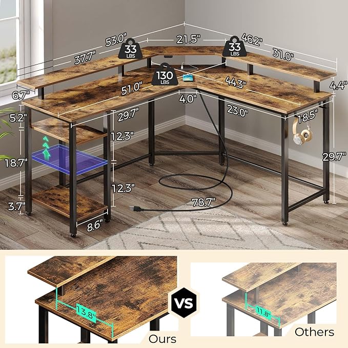Rolanstar L Shaped Gaming Desk with LED Lights & Power Outlets, 46.2" Computer Desk with Full Monitor Stand & Storage Shelf, Corner Desk with Hooks, Rustic Brown Desk Reversible