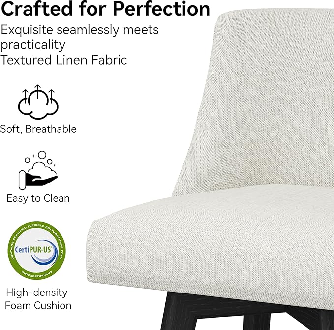 Counter Height Bar Stools Set of 8, Modern Swivel Barstools with Back and Wood Legs, Linen Fabric Upholstered Bar Chairs, 26" H Kitchen Counter Stools, Kitchen Island Home Bar, Ivory
