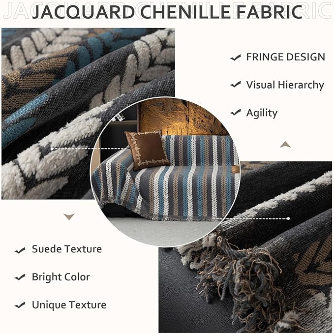 STACYPIK Boho Jacquard Leaves Sofa Cover, Blue Geometric Couch Cover for Dog, Washable Furniture Protector for 3 Cushion Couch, Non Slip Sectional Cover for Loveseat, L Shape Sofa Slipcovers-71X134IN