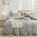 BESTOUCH Duvet Cover Set 100% Washed Cotton Linen Feel Super Soft Comfortable Chic Lightweight 3 PCs Home Bedding Set Solid Light Grey Oversized King