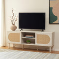 SAFAVIEH Claude TV Stand for up to 65" Flatscreen – Bleached White & Natural Rattan, 2 Sliding Doors with Interior Storage, 2 Open Shelves, Entertainment Media Console (MED9610C)