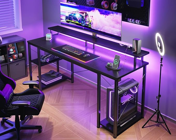 ODK 63 Inches Gaming Desk with LED Lights, Computer Desk with Monitor Stand, Pc Table with CPU Stand, Black