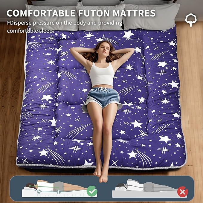 Japanese Floor Mattress,Roll Up Memory Foam Tatami Mat Easy to Store and Portable,Futon Mattress Suitable for Camping and Guest Room (Blue, Full (80" X 47"))