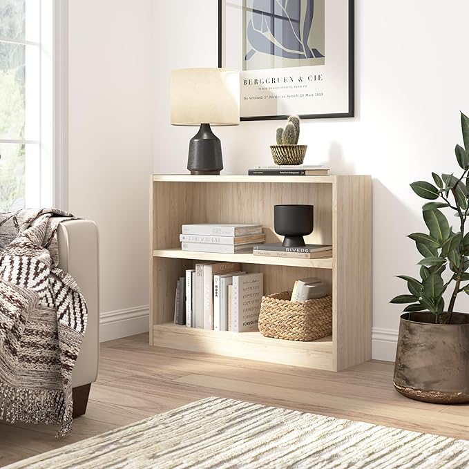 Bush Furniture Universal Small 2 Shelf Bookcase in Natural Elm, Low Storage and Display Bookshelf for Home Office or Living Room Organization