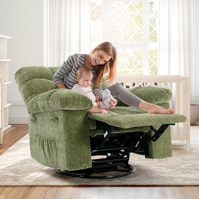 Rocking Recliner Chair,360° Swivel Rocker Chair for Living Room,Upholstered Fabric Glider Nursery Chair with Side Pockets for Small Spaces,Q235 Steel Frame Lazy Boy Recliner Single Sofa(Green)