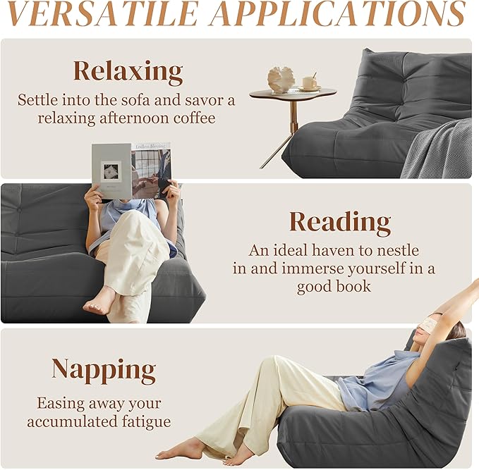 Bean Bag Chair, Loveseat Fireside Chair Bean Bag Sofa for Adults, 2 Seater Bean Bag Chairs for Teens with High-Resilience Foam, Memory Foam Bean Bag for Living Room, Bedroom, Office (Suede, Dark Gray)