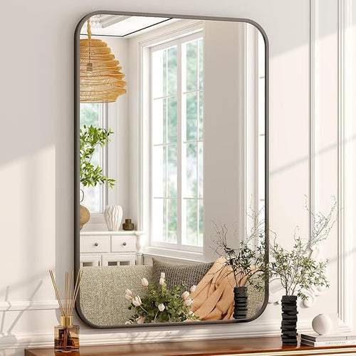 20 x 28 Inch Bathroom Mirror, Rounded Rectangular Vanity Mirror for Wall, Modern Mirror for Room Decor, Black Framed Wall-Mounted Mirrors for Home Decor, Hangs Horizontally or Vertically