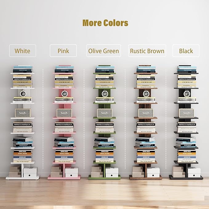 TUTOTAK Narrow Bookshelf, 8-Tier Bookcase, Spine Book Shelf for Small Space, Corner Standing Shelf for Living Room, Office, Study, Entryway, Black BS06BK008