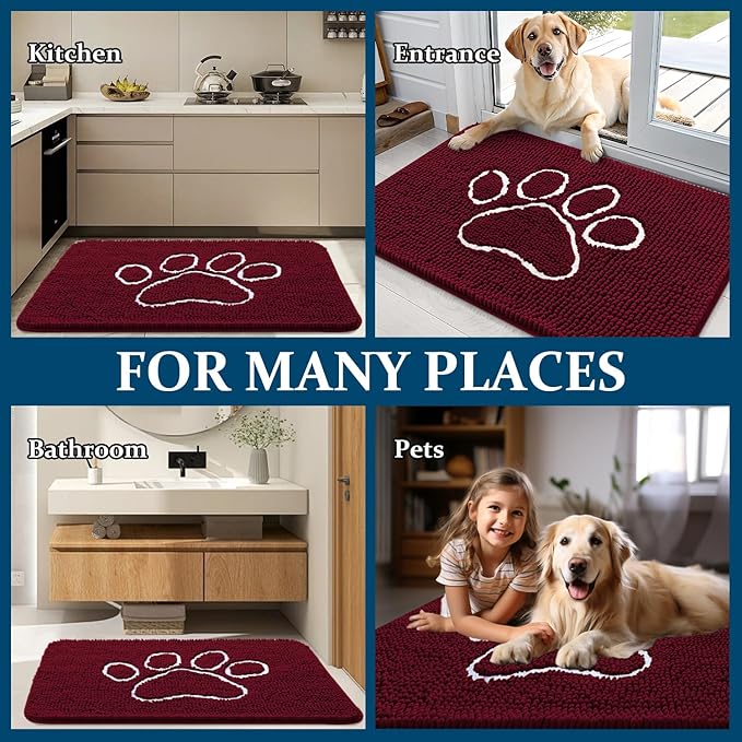 OLANLY Door Mat for Muddy Dog Paws 70x24, Ultra Absorbent Chenille Mud Doormat with Paw Print Design, Non-Slip Washable Doormat for Indoor Entryway, Quick-Dry Pet Bed Mats for Dirty Dogs, Burgundy