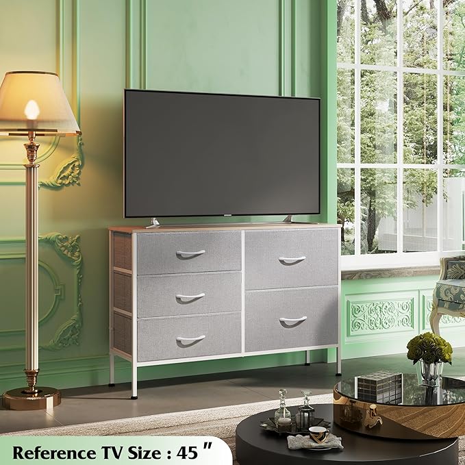 WLIVE Dresser for Bedroom with 5 Drawers, Wide Bedroom Dressers with Drawer Organizers, Chest of Drawers, Fabric Dresser for Living Room, Closet, Hallway, Light Grey