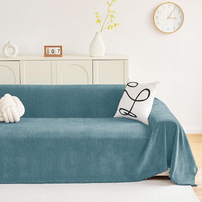 hyha Couch Cover for Dogs, Boho Sofa Covers for 3 Cushion Couch Washable, Chenille Sofa Slipcover for Pets, Soft Loveseat Sectional Couch Throw Blankets with Tassels (Blue, 71x134 Inch)