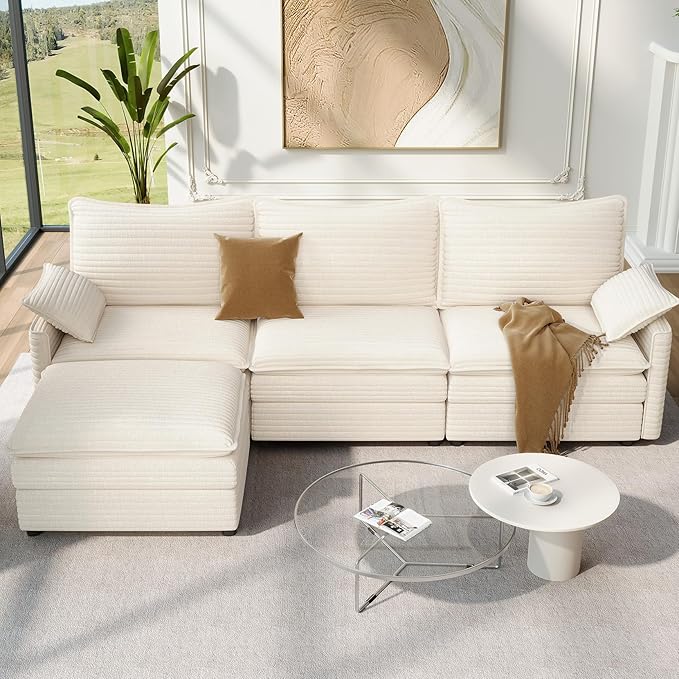 Vesgantti 108" Modular Sectional Sofa, Comfy Cloud Couch with Movable Ottoman Deep Seat Corduroy L Shaped Modular Sofa, Sectional Couches for Living Room, Bedroom and Apartment, Beige