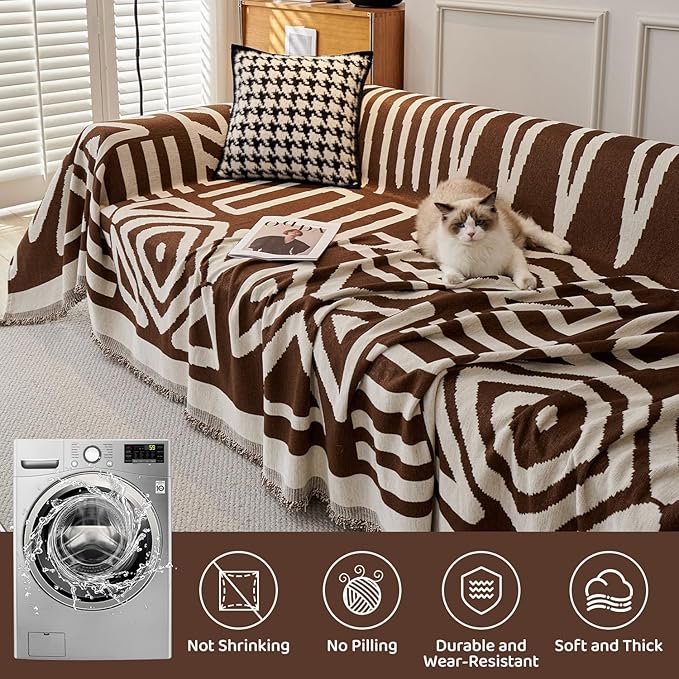 STACYPIK Boho Chocolate Beige Sofa Cover Anti-Slip Reversible Couch Cover for 2 Cushion Couch Soft Chenille Armchair Slipcovers L Shaped Cover for Sectional Furniture Protector for Kids Dogs-71X102IN