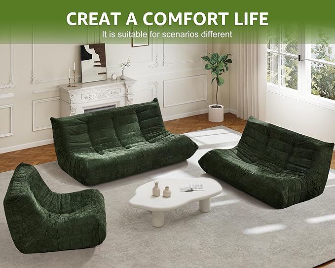 Hobestluk Bean Bag Chairs for Adults Giant Bean Bag Chair Memory Foam BeanBag Chair Bean Bag Sofa with Filler Faux Fur Fireside Beanbags Lazy Sofa for Living Room Bedroom (Green Chenille, 3-Seater)