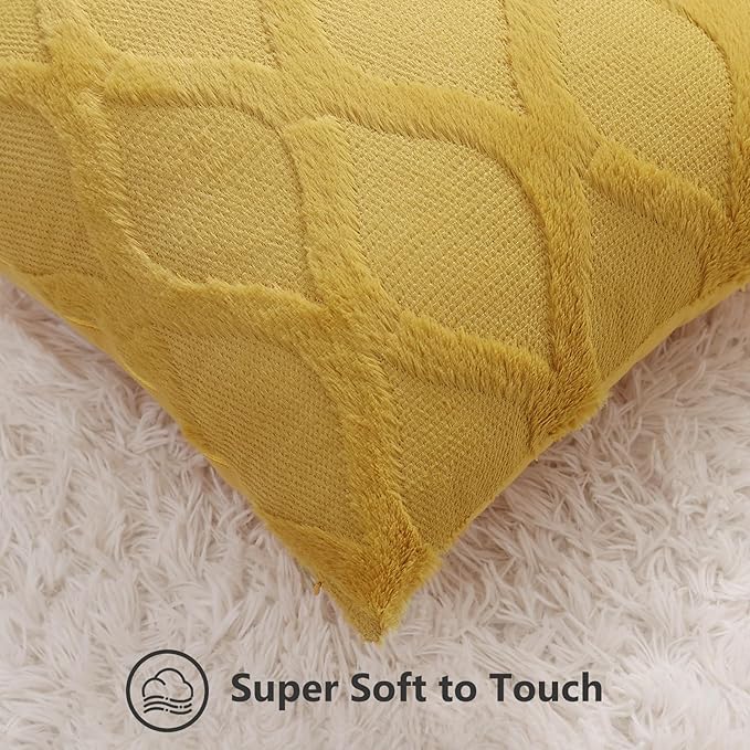 decorUhome Fall Throw Pillow Covers 16x16 Inch Set of 2, Soft Plush Faux Fur Wool Mustard Yellow Couch Pillow Covers, Decorative Neutral Pillow Cases for Bed Sofa Living Room Home Decor