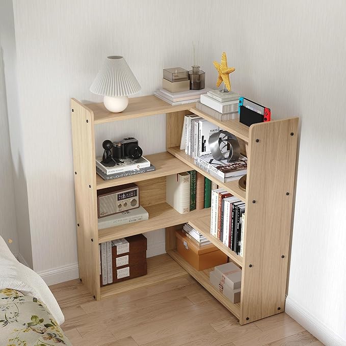 Open Shelf Low Bookcase,Wooden 4-Tier Floor Standing Expandable 25-47 inch Wide Bookcase,with Side Panels Frame for Home and Office
