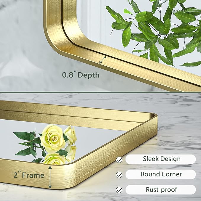 TokeShimi Gold Bathroom Mirror for Wall 40 x 30 Inch Rounded Corner Rectangle in Aluminum Alloy Metal Frame Deep Set Design Hangs Horizontal Or Vertical Farmhouse