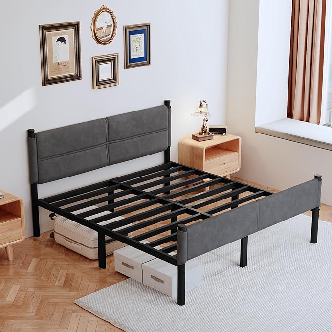Metal Bed Frame,14Inch King Size Bed Frame with Storage Space,Heavy Duty Sturdy Mattress Foundation,Easy Assembly,No Box Spring Needed,Black,King Grey