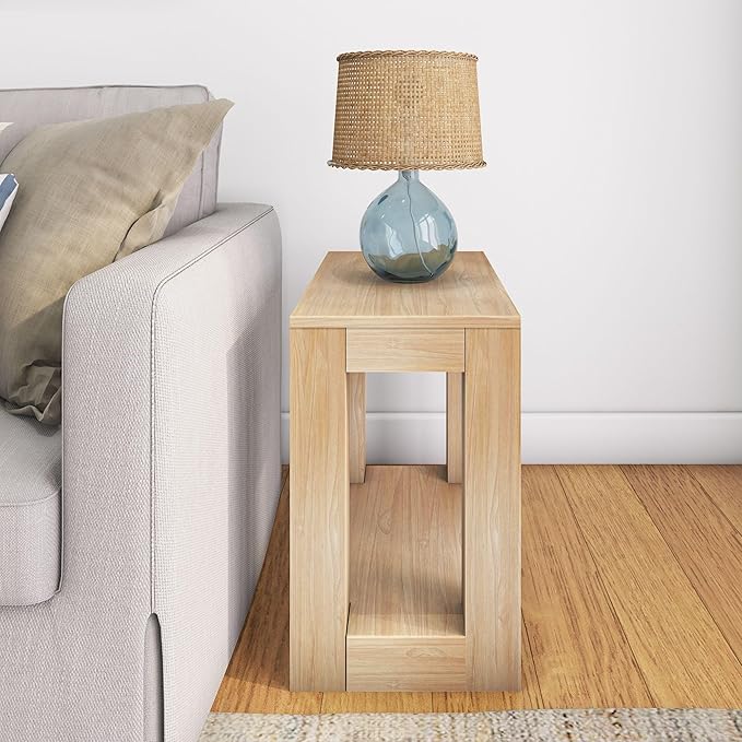 Plank+Beam Modern Rectangular Side Table with Shelf, 25", Solid Wood Narrow End Table for Living Room with Storage, Compact Bedside Table for Small Spaces, Blonde Wirebrush