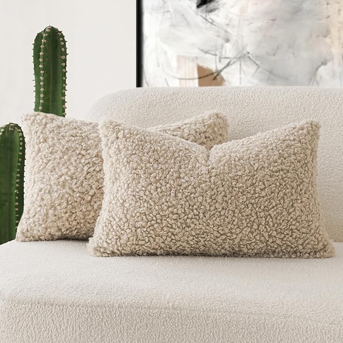 Foindtower Set of 2 Curly Teddy Wool Pillow Covers Decorative Boucle Textured Lumbar Throw Pillow Faux Fur Pillowcases Sheepskin Cushion Case for Sofa Bedroom Car 12"x20" Light Khaki