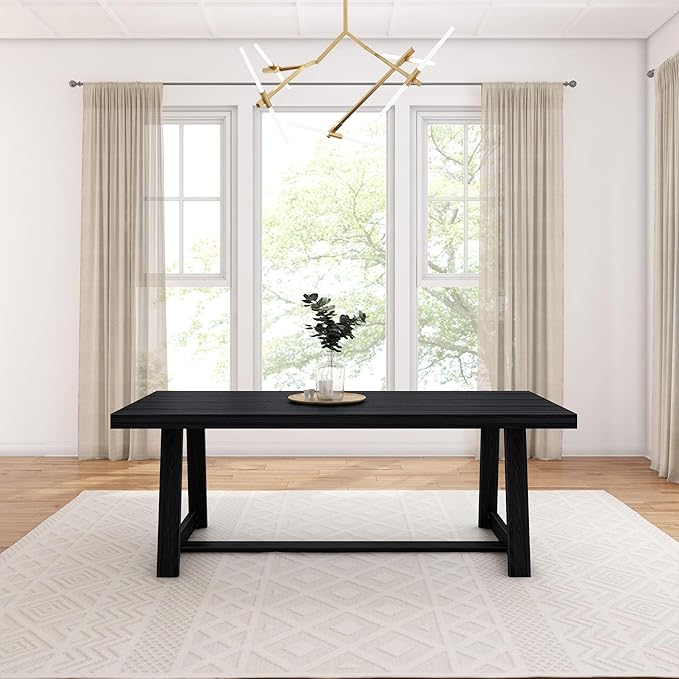 Plank+Beam 84 Inch Farmhouse Dining Table, Solid Wood Rustic Kitchen Table, Large Wooden Rectangular Dinner Table for Dining Room, Home Office, Living Room Furniture, Easy Assembly, Black Wirebrush