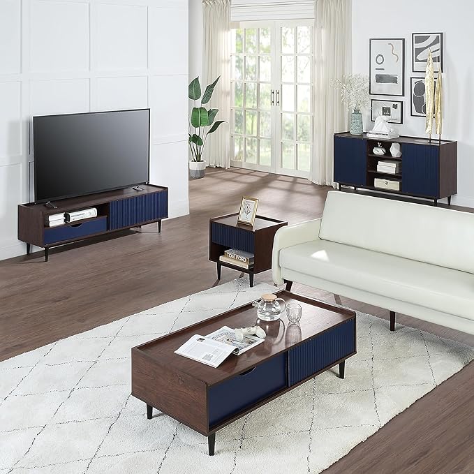 Manhattan Comfort Duane Modern Ribbed Nightstand, Bedside Table with Full Extension Drawer and Open Shelf, Industrial Chic Living Room and Bedroom Furniture, Navy Blue