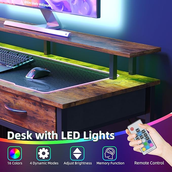 Computer Desk with 5 Drawers, Gaming Desk with LED Lights Power Outlets and Type-C, 39 Inch Office Desk with Storage, Monitor Stand, Writing Desk Work Table for Home Office, Small Spaces, Rustic Brown
