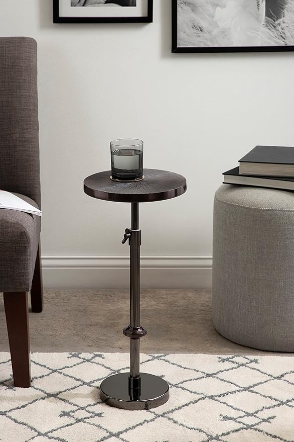 Kate and Laurel Engles Transitional Adjustable-Height Pedestal Drink Table; 10 x 10 x 30; Gray Gunmetal; Vintage Round Indoor Metal Plant Stand with Embossed Sunburst Pattern