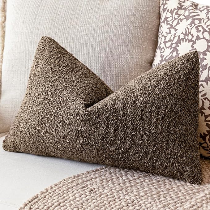 Foindtower Pack of 2 Textured Boucle Throw Pillow Covers Accent Solid Decorative Lumbar Pillow Cases Cozy Soft Couch Cushion Case for Chair Sofa Bedroom Living Room Home Decor 12x20 Inch Light Brown