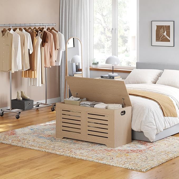 DINZI LVJ Storage Chest, 43.3”Wooden Storage Box with 2 Safety Hinges, Entryway Shoe Bench with Flip-Top, Farmhouse Style Trunk for Living Room, Bedroom, Play Room, Easy Assembly, Natural
