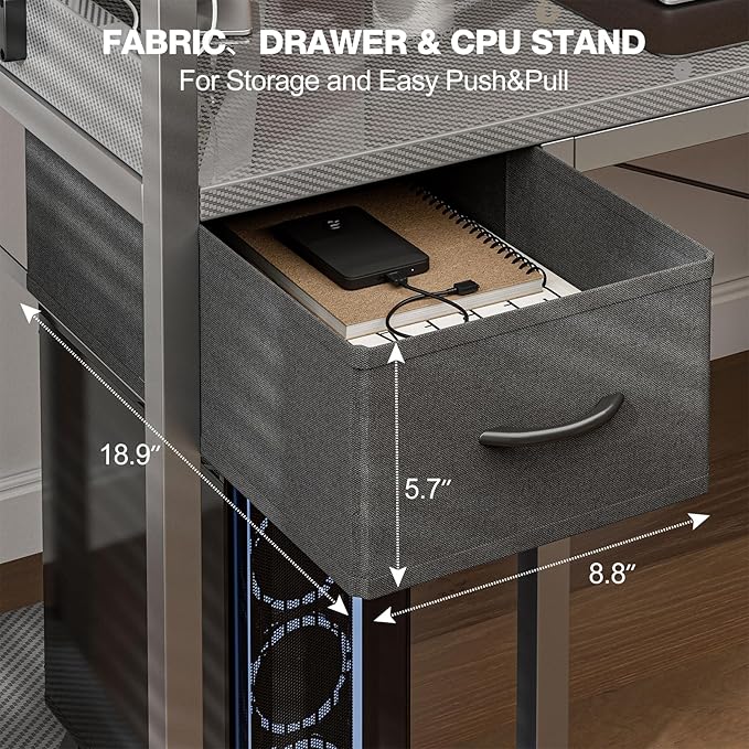Gaming Desk 40 Inch with Power Outlet and LED Light, Computer Desk with Reversible Shelves and Storage Drawer, Pc Workstation for Home Office with Bag, Carbon Fiber Grey