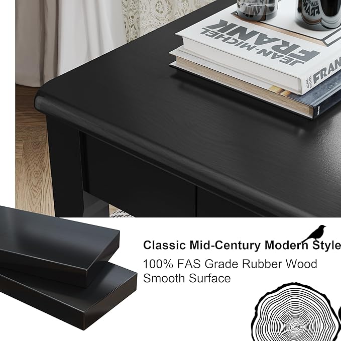 Solid Wood Desk with Drawers - 47 x 16 Inch Modern Narrow Desks, Rubber Wood Study Table, Small Writing Desk for Small Spaces|Bedroom - Black Desks