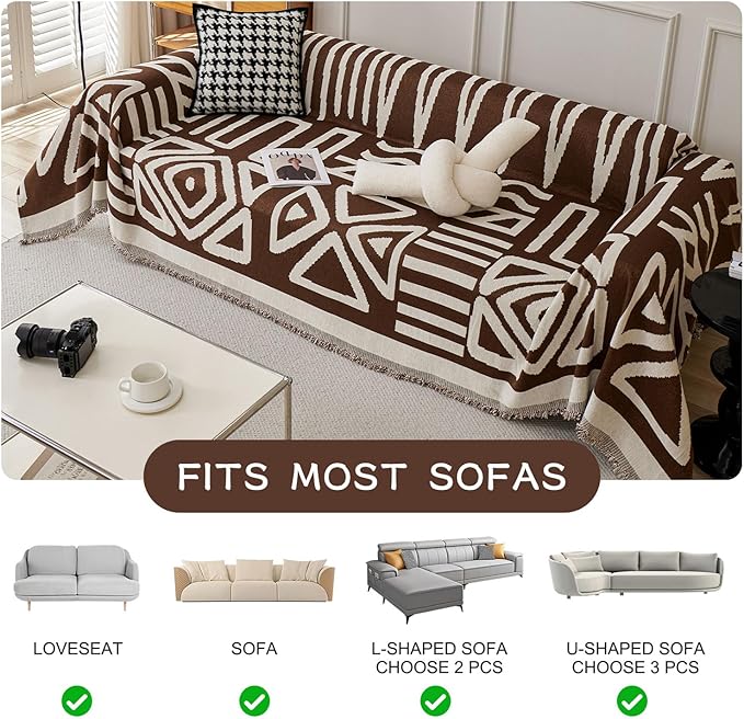 STACYPIK Soft Breathable Boho Chocolate Sofa Cover Stain Resistant Furniture Protector for 3 Cushion Couch Washable Sofa Cover for Dogs Cats Dark Khaki Reversible Sectional Covers for Sofa-91X134IN