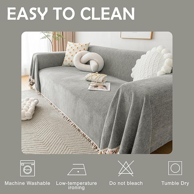 HANDONTIME Dark Grey Slipcover for Sofas - Boho Pet Couch Protector With Tassel - Chenille Herringbone Cover for 2-3 Seat Sofa - 91" X 134"