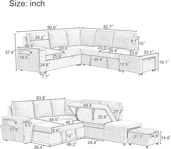 Merax L-Shaped Modular Sectional Sofa with Removable Storage Ottoman, USB Ports and Cup Holder, 6-Seats Upholstered Couch & Armrest, Free Combination Indoor Furniture for Living Room, Apartments, Blue