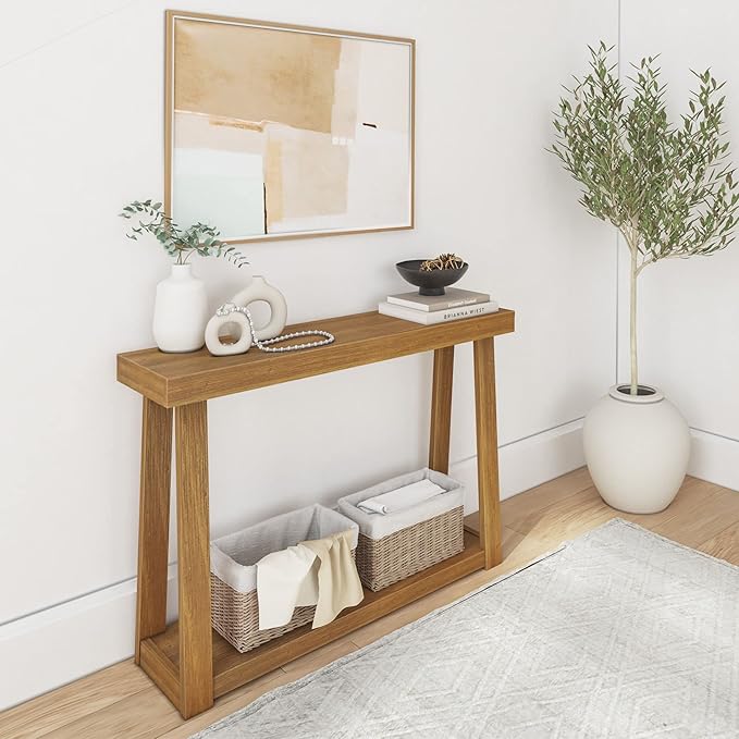 Plank+Beam Solid Wood Console Table with Storage, 46.25 Inch, Sofa Table with Shelf, Narrow Entryway Table for Hallway, Behind The Couch, Living Room, Foyer, Easy Assembly, Pecan