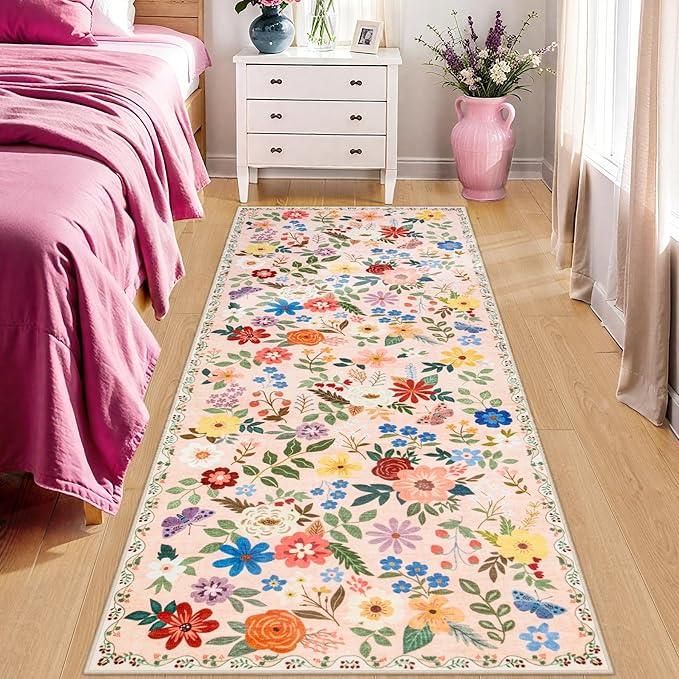 Runner Rug for Entryway: 2x10 Kitchen Rugs Non Slip Washable Ultra-Thin Soft Floral Carpet Indoor Floor Stain Resistant Carpets for Hallway Bedroom Kitchen Laundry Bathroom Dorm Beige