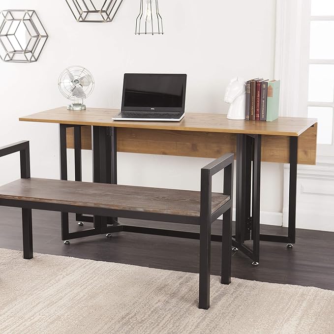 SEI Furniture Driness Drop Leaf Console to Dining Convertible Table, 63 W x 31 5 L x 29 5 H, Weathered Oak, Black
