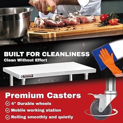 DuraSteel 24x18 NSF Stainless Steel Cart - Heavy Duty Rolling Food Prep Table with Undershelf - Metal Utility Cart for Commercial Restaurant Kitchen, Laundry, Side Mixer Stand