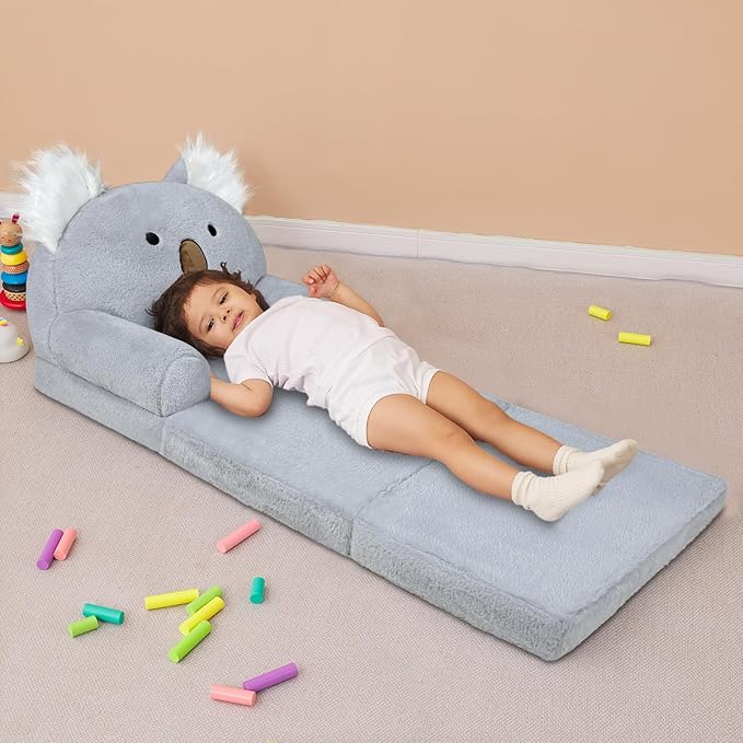 Toddler Chair with Faux Rabbit Fur – 2-in-1 Foldable Kids Couch, Koalas Design, Soft Sofa for Reading, Napping, Bedroom or Playroom Use, 18 Months+ （Koalas）