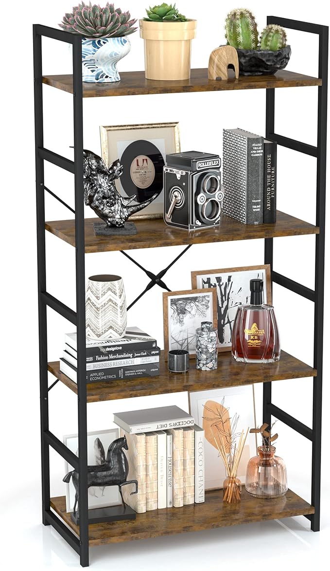 OTK 4 Tier Bookshelf, Tall Bookcase, Office Shelf Storage Organizer, Modern Book Shelf for Living Room, Bedroom, and Home Office, Vintage
